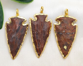 Jasper Arrowhead Pendant, Gold Electroplated Arrowhead Charm, Tribal Necklace Pendants, DIY Jewelry Making Supply