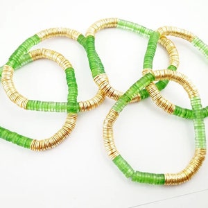 Green & Gold 6mm Heishi Beads Bracelet, Heishi Bracelet, Gold Plated Heishi Bead Bracelet, Stretchable Bracelets, Stacking Bracelet