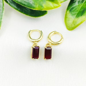 Garnet Quartz Gemstone Birthstone Baguette Earrings - Dainty Gemstone Earrings in Silver -Baguette Dangle Earrings - Huggie Hoop Earring