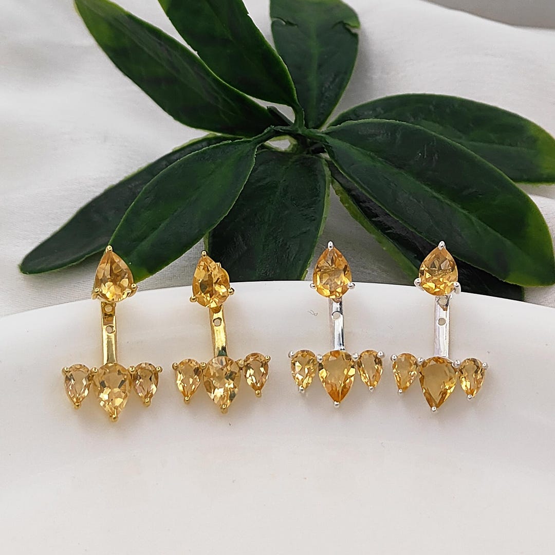 Citrine Ear Jacket Earrings/november Birthstone Jewelry  925 Sterling Silver Diamond & Citrine Nov. Birthstone Earring Jacket 11 x 11 mm main image 0