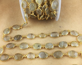 Golden Rutilated Quartz Gold Plated Gemstone Bezel Connector Chain - Gemstone Bezel Link Chain - Chain by the Foot
