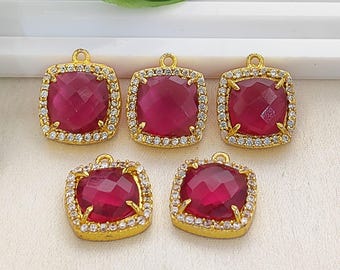 Ruby Quartz Cushion Pendant/Gold Plated Cz Halo Charm/Cushion Cut Faceted Gemstone Connector/For Jewelry Making