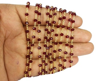 Chaîne de chapelet de 5 pieds grenat hydro quartz, chaîne de perles plaqué or, chaîne de chapelet enroulée de fil, fournitures pour fabrication de bijoux