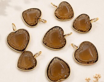 Smoky Quartz Heart Pendant, Carved Heart Gemstone Charm, Gold Bezel Artisan Pendants, DIY Jewelry Making Supplies