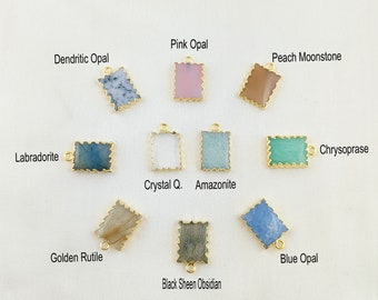 Gemstone Rectangle Slice Pendant - Gold Edged Stone Necklace - Gold Electroplated Slice Pendant Charms - Gemstone Slice Necklace Pendant
