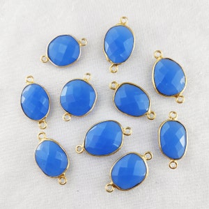 Blue Chalcedony Gold Plated Free Form 14mm -16mm Bezel Set Connector - Blue Chalcedony Bezel Connector Charm - Stone Connector for Bracelet