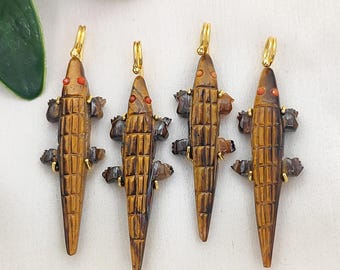 Natural Tiger Eye Crocodile Pendant, Handcrafted Reptile Gemstone Pendant, Gold Plated Prong Set Charm, Jewelry Making