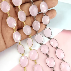 Pink Chalcedony Oxidized Plated Gemstone Bezel Connector Chain - Gemstone Chains - Link Chain - Connector Chain - Chain by the Foot