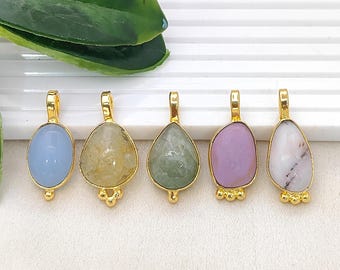 Smooth Polished Cabochon Pendant, Gold Plated Collet Set Charm, Natural Gemstone Charm, For Jewelry Making