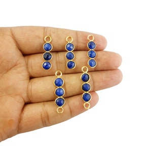 Blue Sapphire Round Shape Triple Stone Gold Plated Bezel Set Pendant & Connector - September Birthstone Charms - Connector Charms