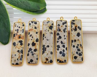 Dalmatian Jasper Rectangle Pendant/Gold Bezel Gemstone Charm, Natural Stone Bar Pendant, Jewelry Making Supply