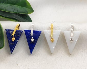 Lapis Lazuli Triangle Pendant, Sterling Silver Pinch Bail Charm, Mother Of Pearl Geometric Pendant, Selling Per Piece