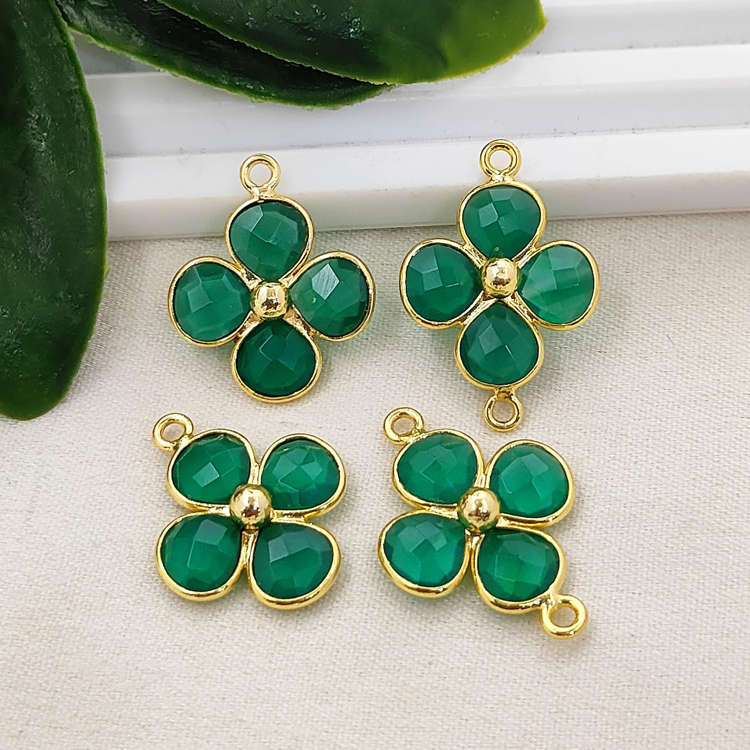 Green Onyx Clover Charm Connector/faceted Stone Four Leaf Pendant