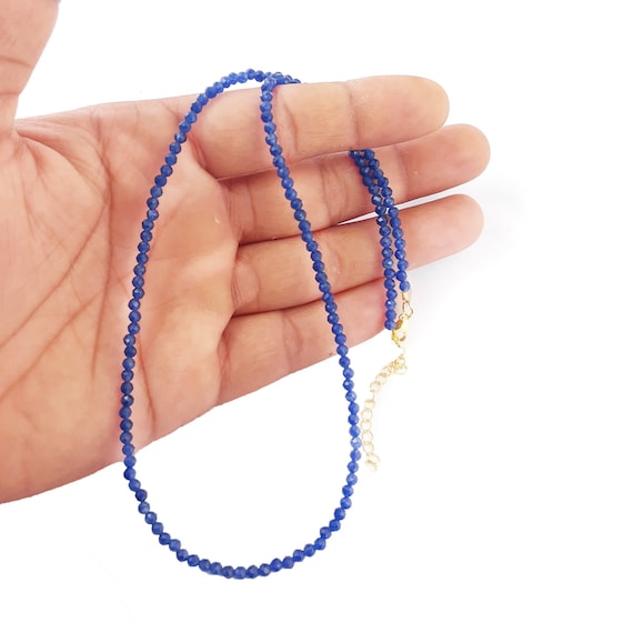 Collier Argent 925 - Perles Saphir Bleu Teinté & Jade - Corde 55.9cm - Neuf Sans Emballage