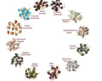 May include: Assortment of gemstone beads with gold jump rings. Each bead is labeled with its corresponding birthstone month.  Turquoise (December), Garnet (January), Amethyst (February), Aquamarine (March), Citrine (November), Rose Quartz (October), Sapphire (September), Herkimer Diamond (April), Emerald (May), Moonstone (June), Peridot (August), Ruby (July).