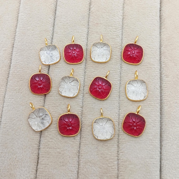 Clear Quartz Cushion Carved Pendant, Rubellite Quartz Cushion Charm, Silver Bezel Charm, Flower Carving, Gold Vermeil Charm, Selling Per Pcs