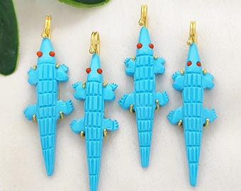 Turquoise Crocodile Pendant, Hand Carved Animal Gemstone Pendant, Gold Plated Prong Charm, DIY Jewelry Making Supply