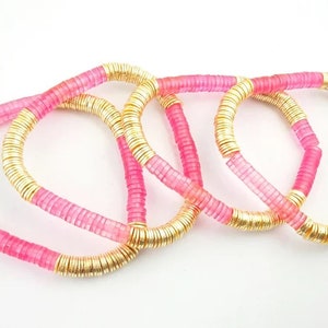 Hot Pink & Gold 6mm Heishi Beads Bracelet, Heishi Bracelet, Gold Plated Heishi Bead Bracelet, Stretchable Bracelets, Stacking Bracelet