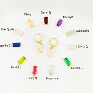 Gemstone Birthstone Baguette Earrings - Dainty Gemstone Earrings in Silver -Baguette Birthstone Dangle Earrings - Dainty Huggie Hoop Earring