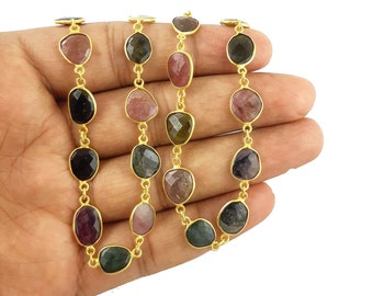 Multi Tourmaline Gold Plated Gemstone Bezel Connector Chain -Chain by the Foot
