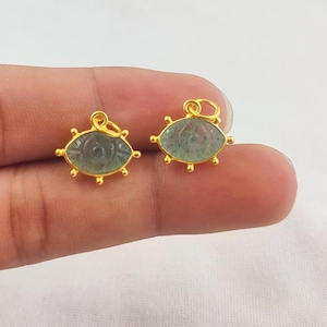 Natural Green Strawberry Quartz Evil Eye Carving Pendant Marquise Shape Fancy Bezel Gold Plated Charms For Making Jewelry/Earring, 1 Pcs