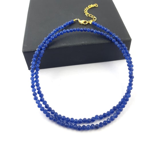 Collier Corde Argent 925 - Perles Saphir Bleu Teinté 4mm - Longueur 55.9cm - Neuf Sans Emballage