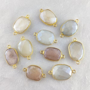 Mystic Moonstone Gold Plated Free Form 14mm - 16mm Bezel Set Connectors - Mystic Moonstone Connector Charm - Gemstone Connector for Bracelet