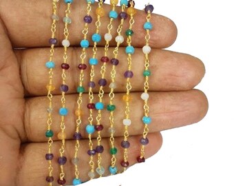 Cadena de cuentas de rosario de piedras múltiples de 5 pies, cadena de cuentas chapadas en oro, cadena de rosario envuelta en alambre, suministros para hacer joyas