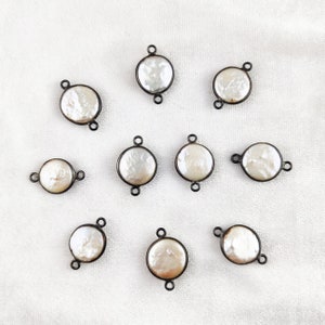 Pearl Oxidized Plated Round 13mm - 16mm Bezel Set Connectors - Pearl Bezel Connector Charms - Gemstone Connectors for Bracelet
