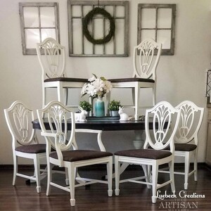 SOLD Farmhouse Dining Table and Chairs. Vintage Kitchen Table Set. Family Seating. Holiday Hosting. Painted Refinished Dining Room Set. image 5