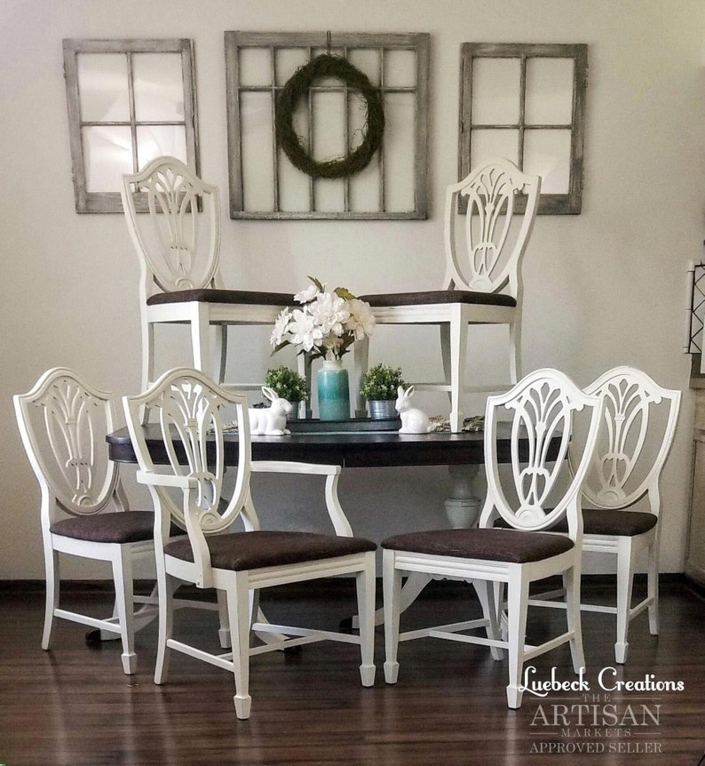 SOLD Farmhouse Dining Table and Chairs. Vintage Kitchen Table Set. Family Seating. Holiday Hosting. Painted Refinished Dining Room Set. image 5