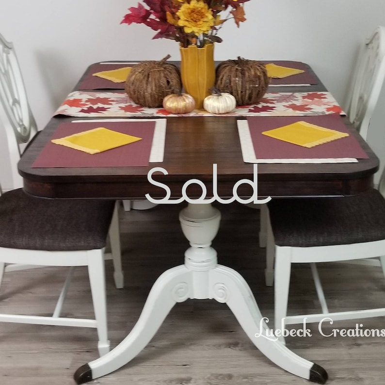 SOLD Farmhouse Dining Table and Chairs. Vintage Kitchen Table Set. Family Seating. Holiday Hosting. Painted Refinished Dining Room Set. image 1