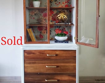 SOLD - White and Wood China Cabinet. Refinished Antique Cabinet. Art Deco Hutch.