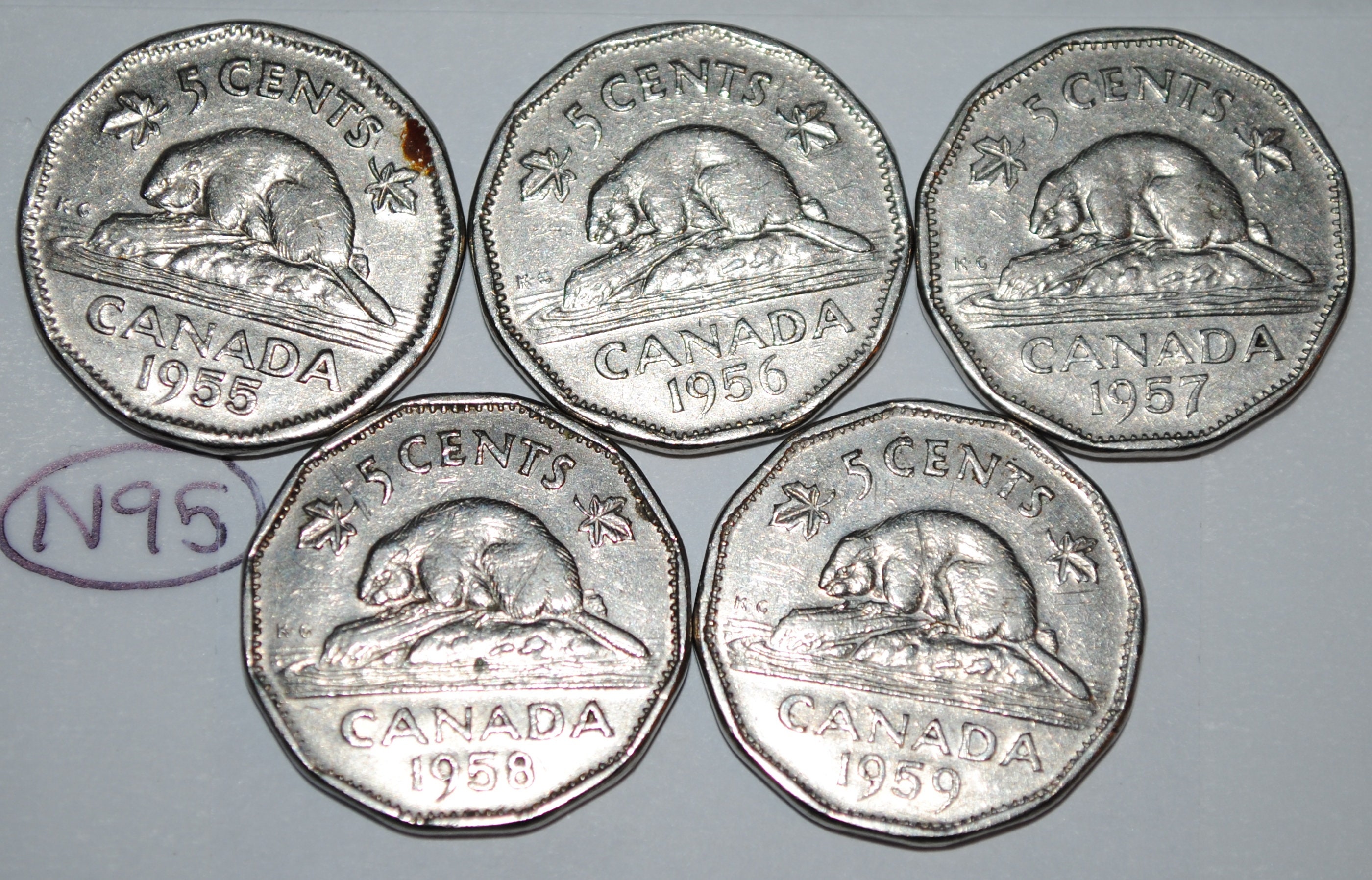 Canada 1955 1956 1957 1958 1959 5 Cents Elizabeth II Canadian Nickels Lot #N95