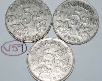 Canada 1934 1935 1936 5 Cents George V Canadian Nickels Lot #V59