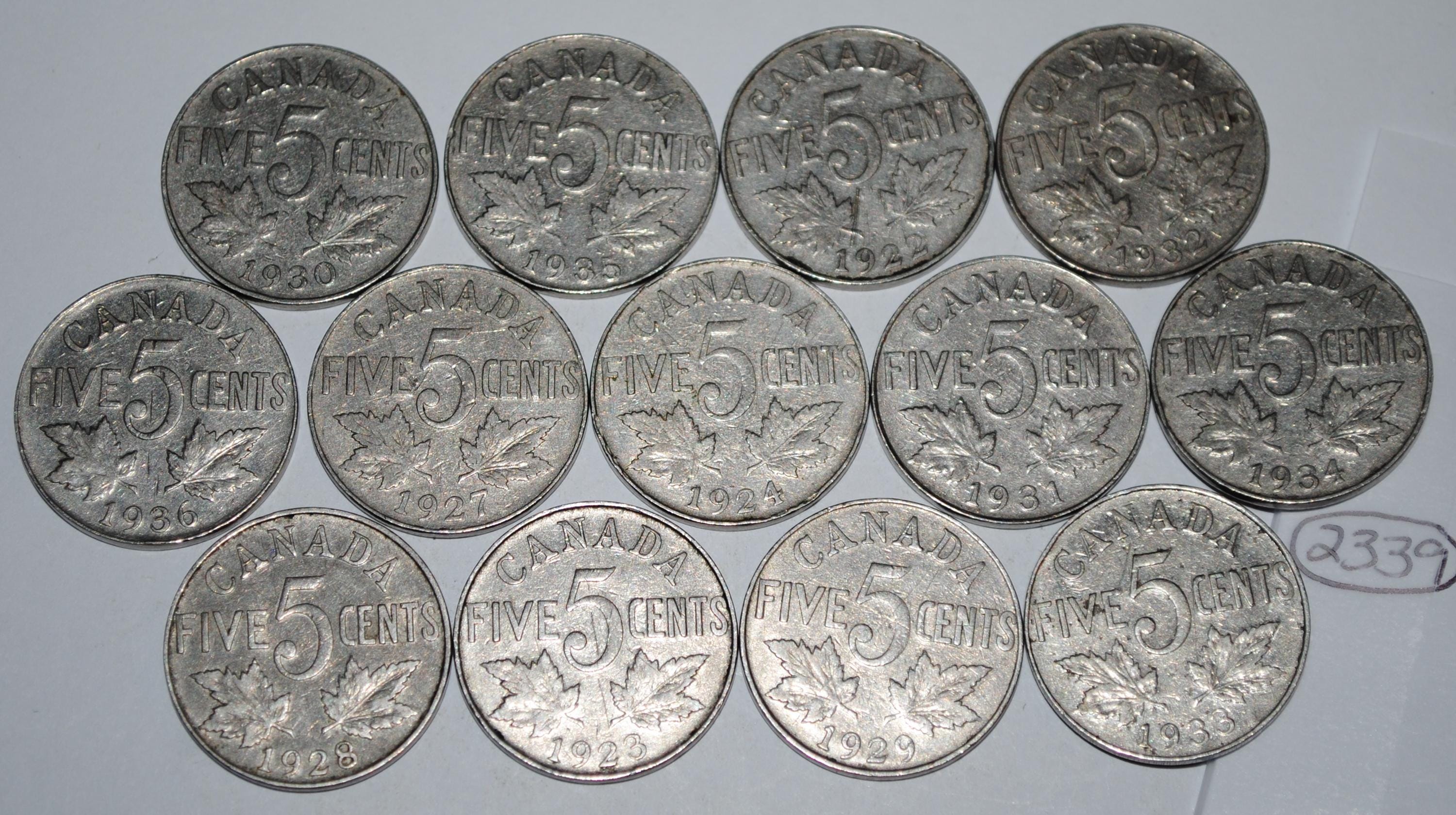 Canada 1922 to 1936 5 Cents George V Canadian Nickels 13 coins Lot #2339