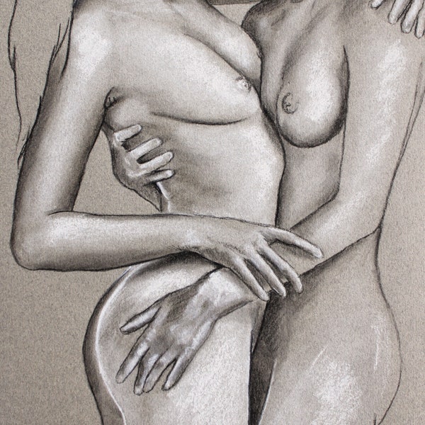 Erotic drawing, two naked women kiss, sensual and original sketch, kissing, pastel nude, erotic scene, female nude