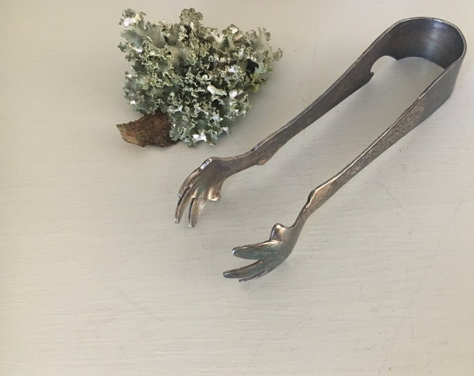 Vintage Silver Plate Tongs Embossed Silver Tone Ice Cube Tongs With
