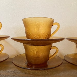 Vintage Amber Glass Teacups and Saucers | Set of 6 Matching Textured Amber Glass Teacups Made in France Amber Glass Fall Tablescape |