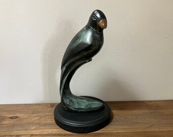 Vintage Bird Statue | Heavy Brass Bird with Verdigris Finish Mounted on Stand | Art Nouveau Parakeet? Statue | Metal Bird Sculpture