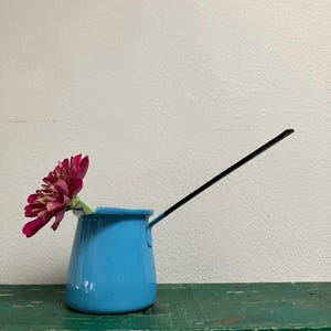 May include: A bright blue enamel coffee pot with a long, thin black handle extending to the right. A single vibrant pink zinnia flower with layered petals is placed inside the pot, with its stem resting against the rim of the blue vessel.