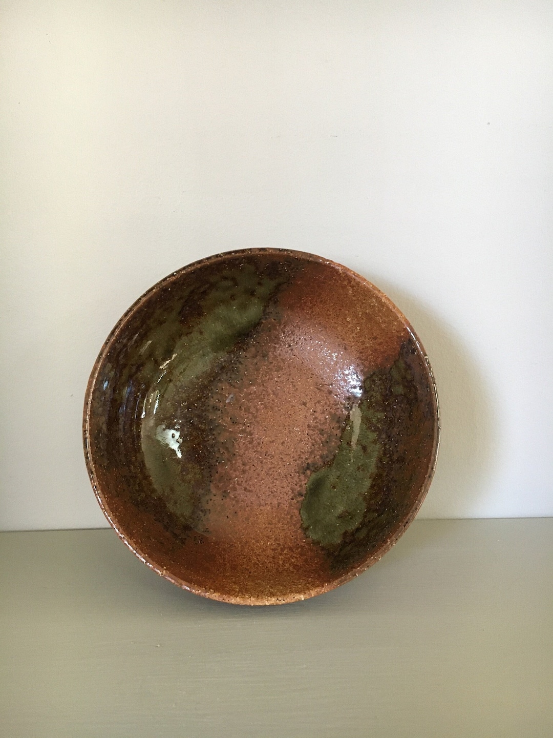 Mossy Green and Copper Salad or Fruit Bowl Earth Tones Large Shallow