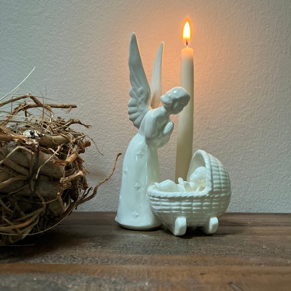 Vintage Baby Shower Gift | Guardian Angel and Baby in Cradle Figurine | Western Germany Goebel Guardian Angel & Child Candle Holder