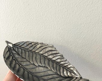 Vintage Pewter Leaf | Etain Pewter Sculpted Leaf | Leaf Shaped Small Tray | Etain Pewter Made in France | French Pewter Dresser Tray
