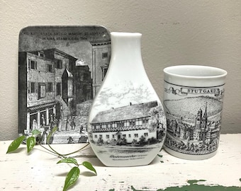 Black and White Graphics Desk Set: German Porcelain Vase, Mini Venice Tray