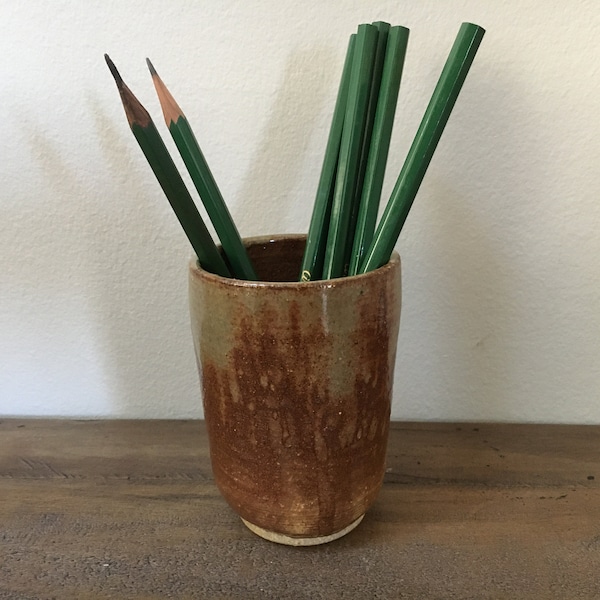 Vintage ‘70s Vase | Earthy Sienna Pottery Vase | Perfect Pencil Holder | Drippy Glaze Tumbler | Natural Style Toothbrush Holder