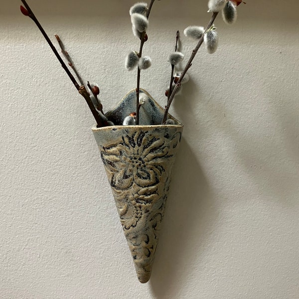Handmade Pottery Wall Planter | Dried Stems Wall Display Vase | Wall Pocket Planter | Minimalist Wall Vase | Grayish Blue Glazed Vase