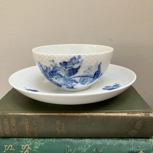 Vintage Royal Copenhagen Blue and White Bowl and Saucer Matching Set | Blue Flowers Braided Pattern Dessert Bowl and Plate