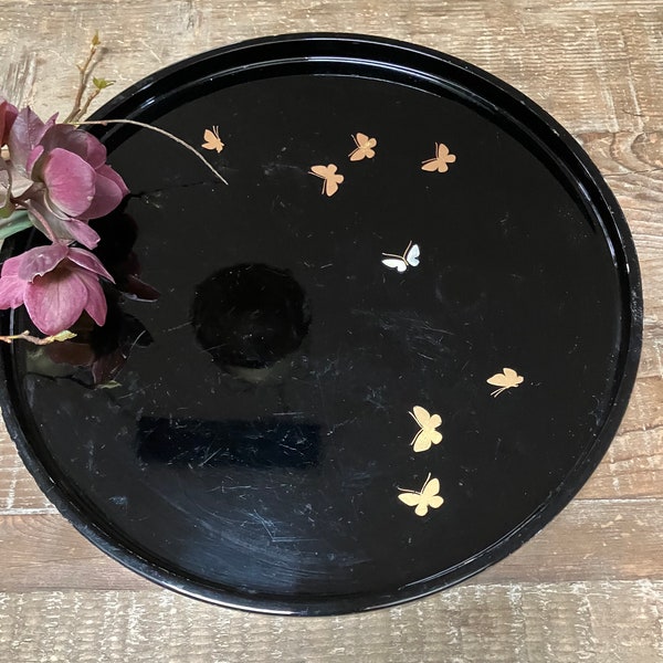 Vintage Hanae Mori Tray | Round Black Lacquerware Butterfly Beverage and Serving Tray | Hanae Mori Chiki Chic Black Vanity Tray