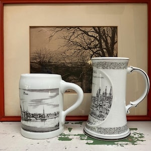 Vintage German Porcelain Beer Steins | Black and White Graphics Historical Steins | Porcelain Pints | Augsburg Stein | Bonn Germany Stein